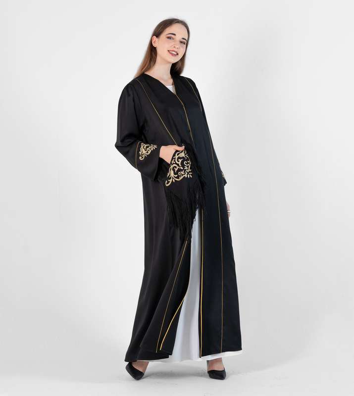 Open Abaya With Bisht Cutting design & Gold Embroidery with pocket lace Design