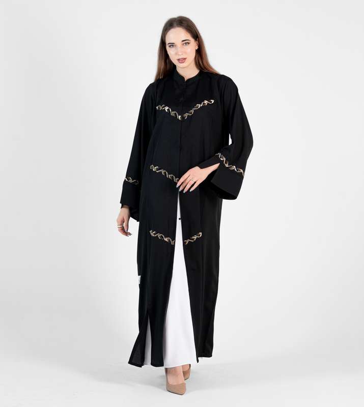 Black Abaya With Gold Nerve Design with open sides and high neck