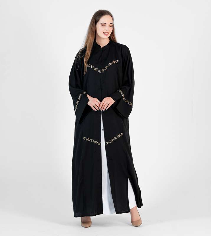 Black Abaya With Gold Nerve Design with open sides and high neck