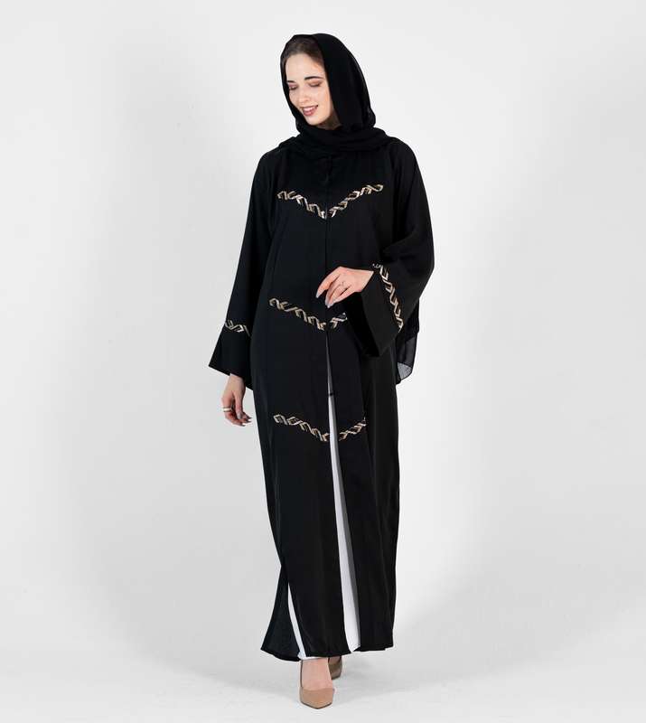 Black Abaya With Gold Nerve Design with open sides and high neck
