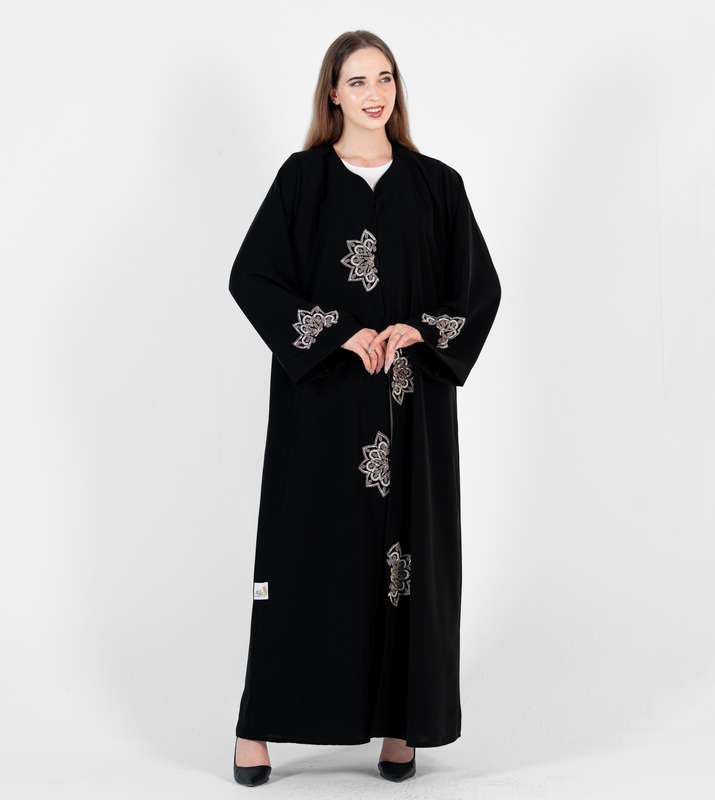 Abaya with Pink flowers embroidery