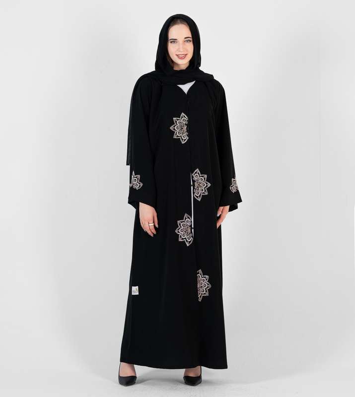 Abaya with Pink flowers embroidery