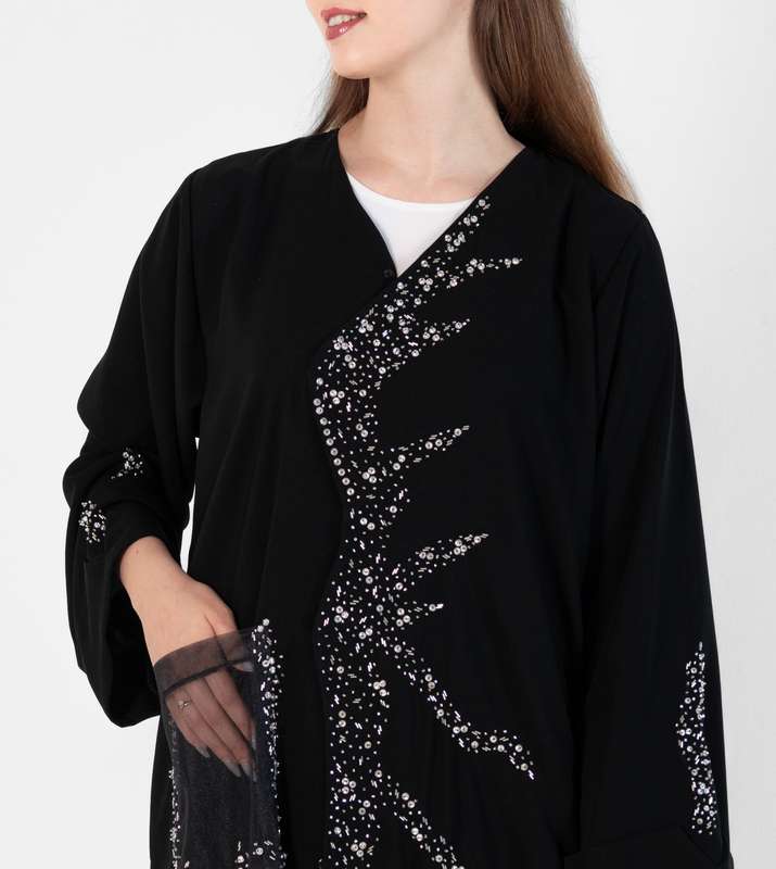 Abaya with wave style and silver hand embroidery + pocket Net Embroidery