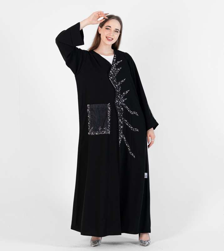 Abaya with wave style and silver hand embroidery + pocket Net Embroidery