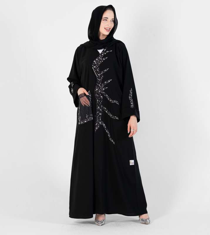 Abaya with wave style and silver hand embroidery + pocket Net Embroidery