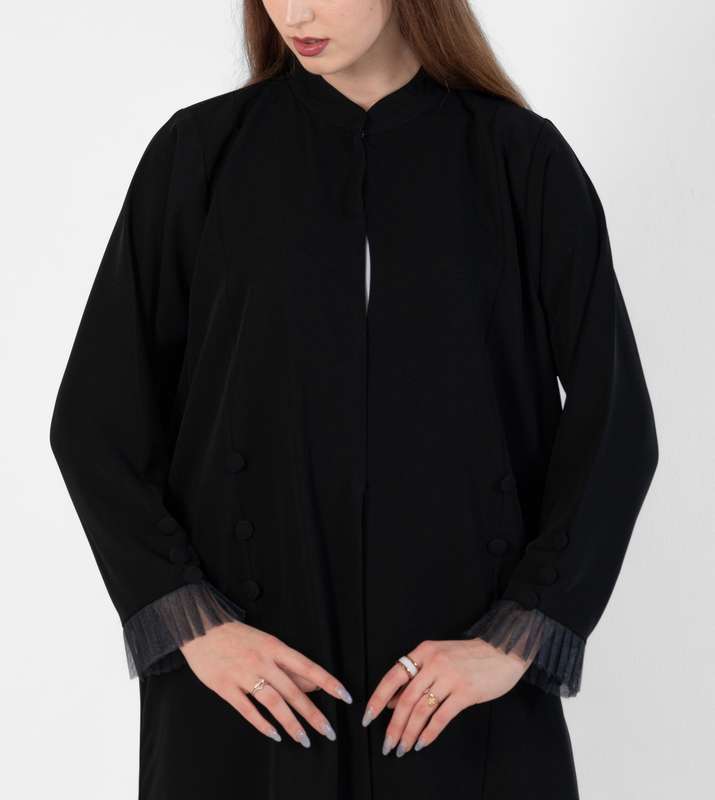 Abaya with Button style and pleated design on sleeves