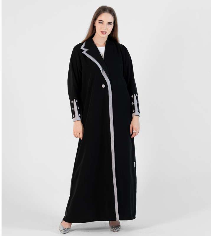 Abaya with Button style and Gray color  design on sleeves