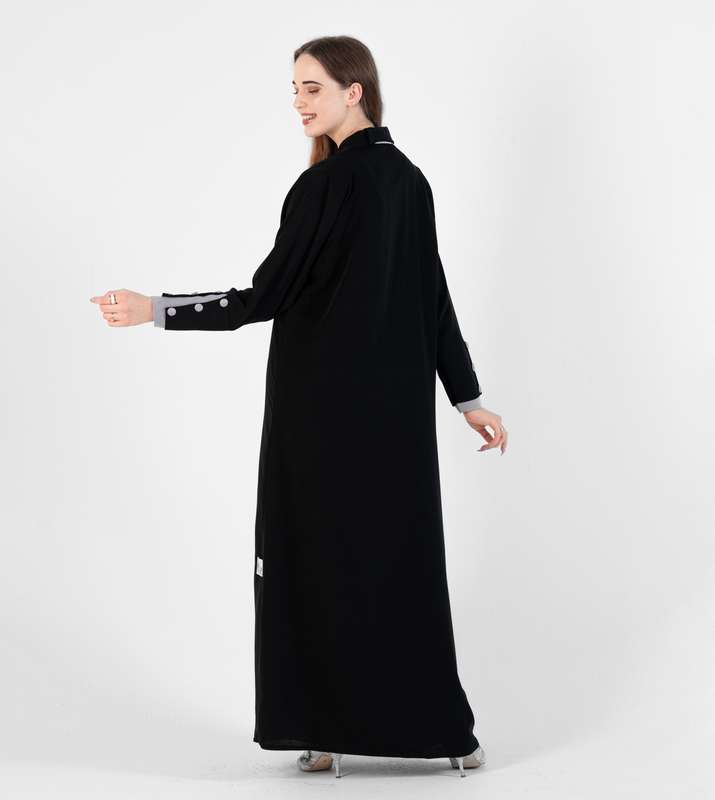 Abaya with Button style and Gray color  design on sleeves