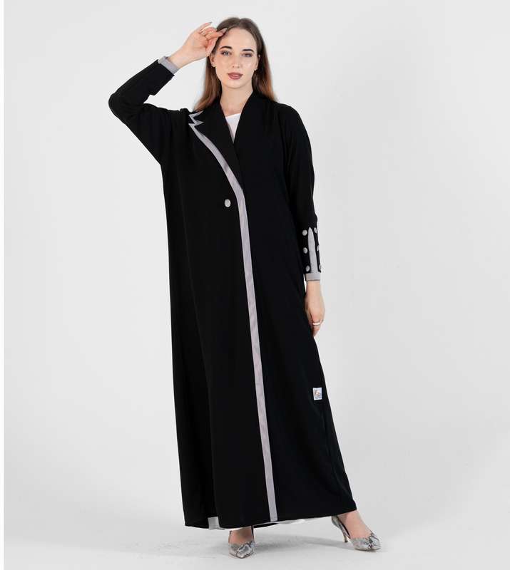Abaya with Button style and Gray color  design on sleeves