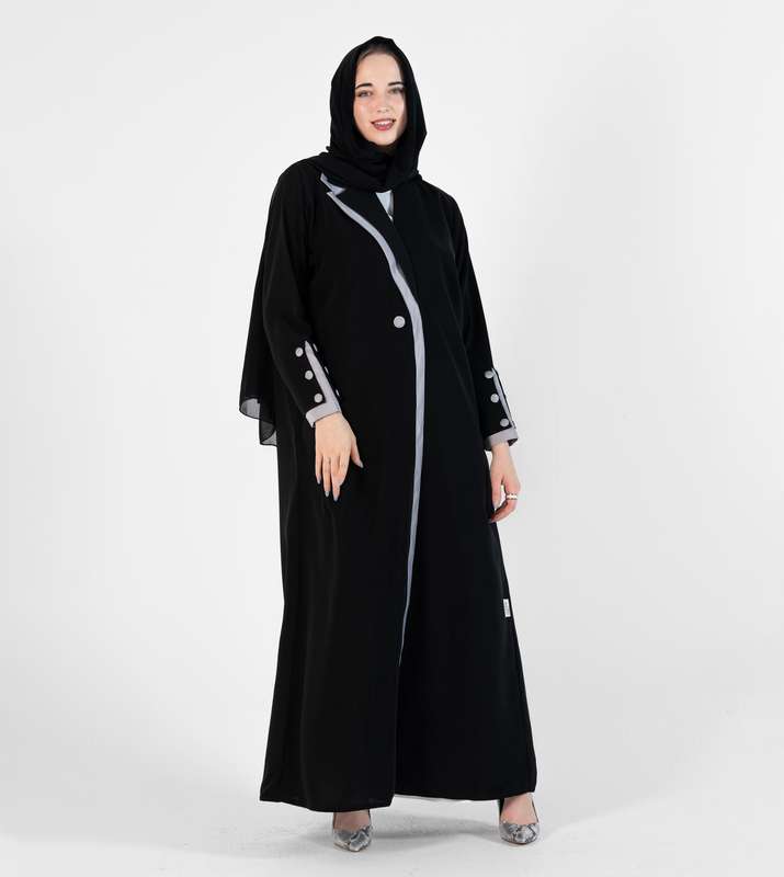 Abaya with Button style and Gray color  design on sleeves