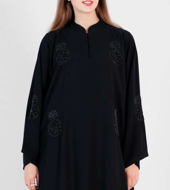 Closed abaya with High neck And flowers Black Hand Embroidery with wide sleeves