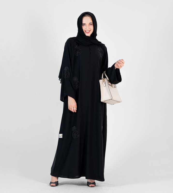 Closed abaya with High neck And flowers Black Hand Embroidery with wide sleeves