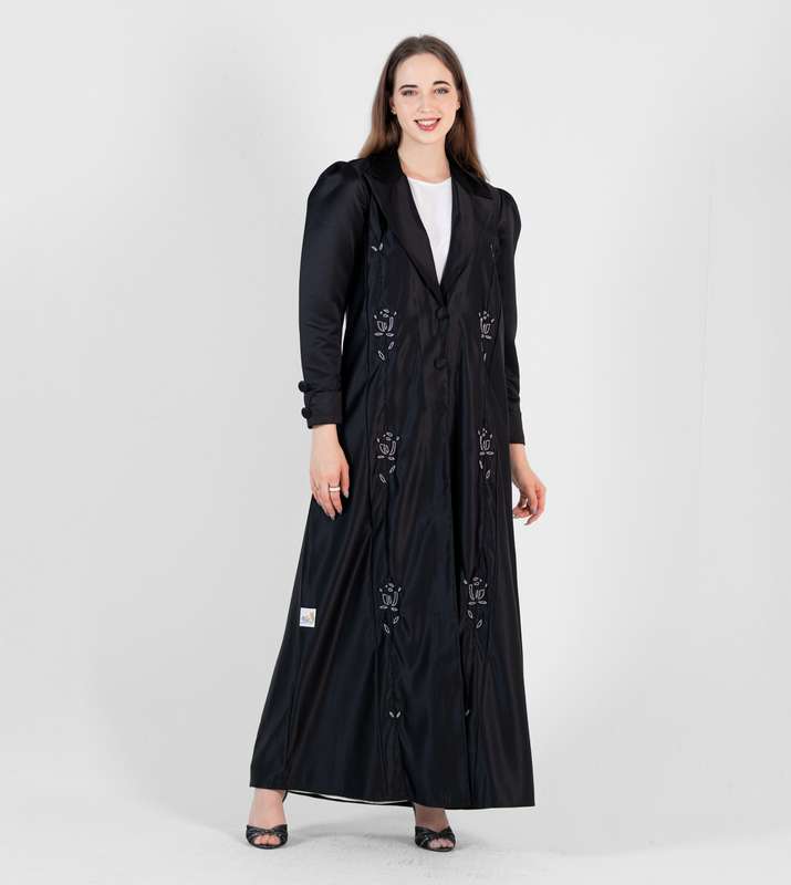 Black abaya with jacket style with silver hand embroidery and puff sleeves+button