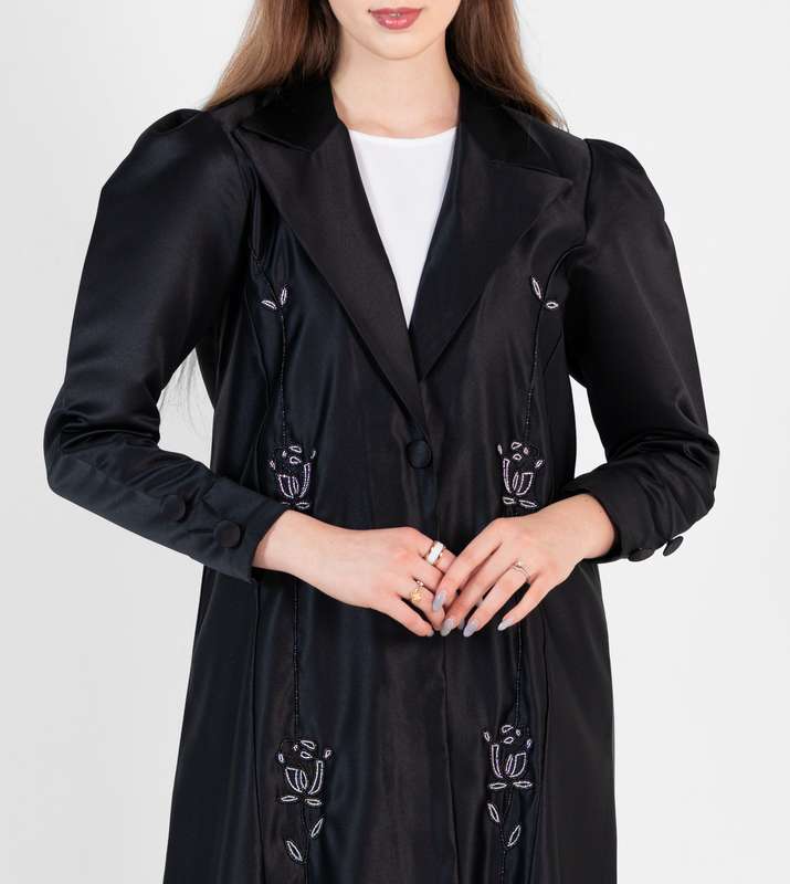 Black abaya with jacket style with silver hand embroidery and puff sleeves+button