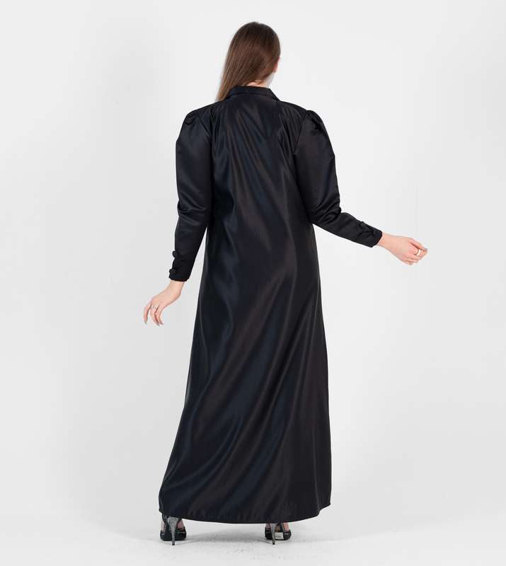Black abaya with jacket style with silver hand embroidery and puff sleeves+button