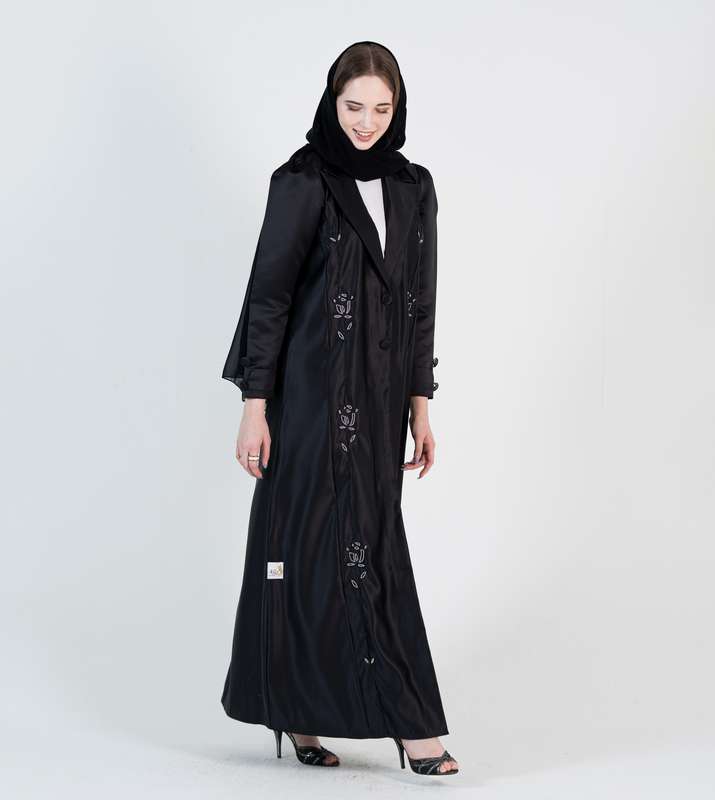 Black abaya with jacket style with silver hand embroidery and puff sleeves+button
