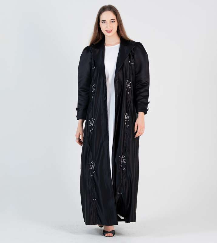 Black abaya with jacket style with silver hand embroidery and puff sleeves+button