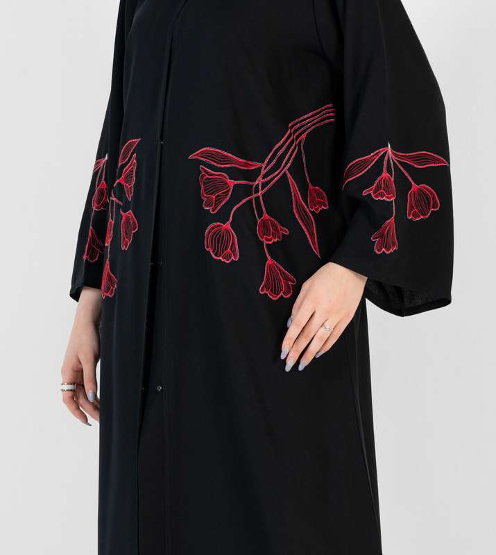 Abaya with design Red flowers stitching design