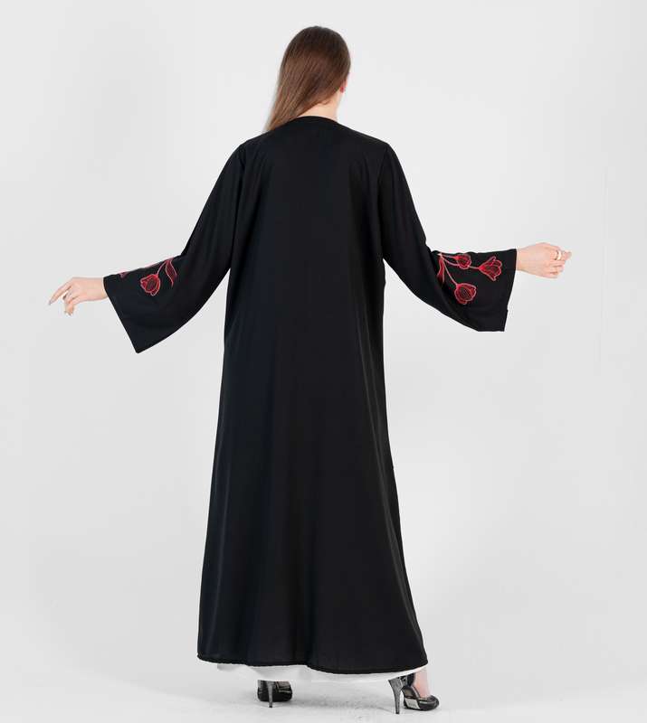 Abaya with design Red flowers stitching design