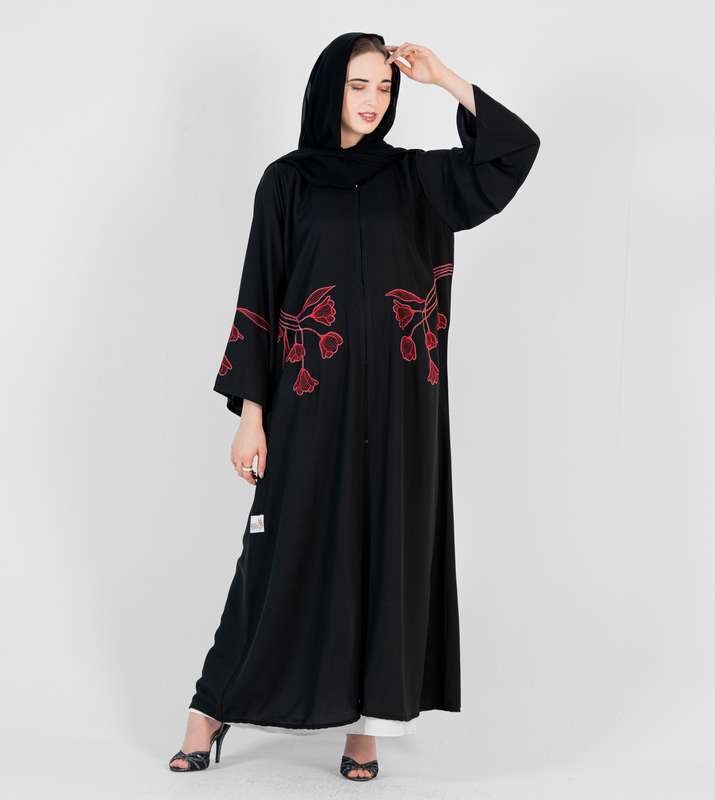 Abaya with design Red flowers stitching design