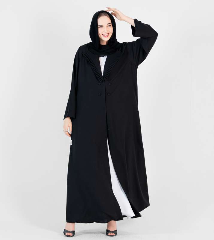 Black abaya with Pleated style Neck jacket with buttons style