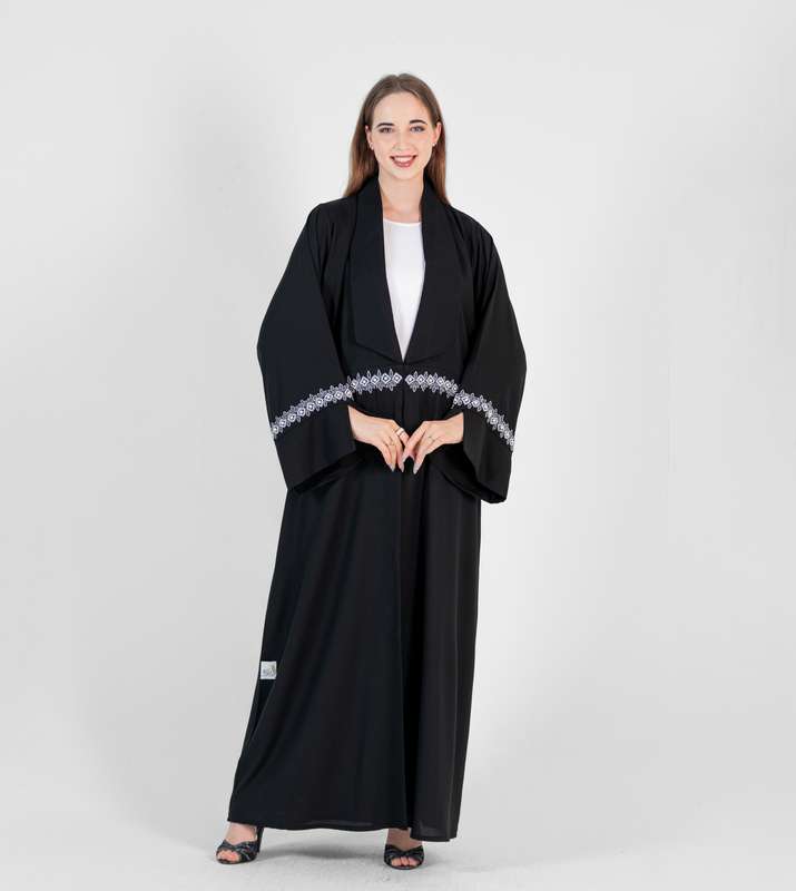 Black abaya with Big Neck with Blue & white hand embroidery with open sleeves