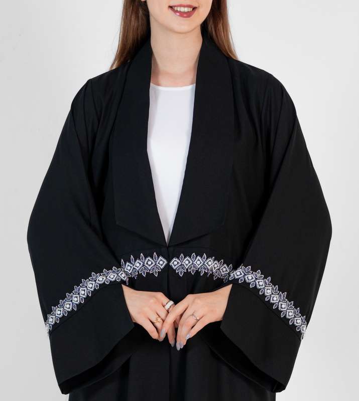 Black abaya with Big Neck with Blue & white hand embroidery with open sleeves