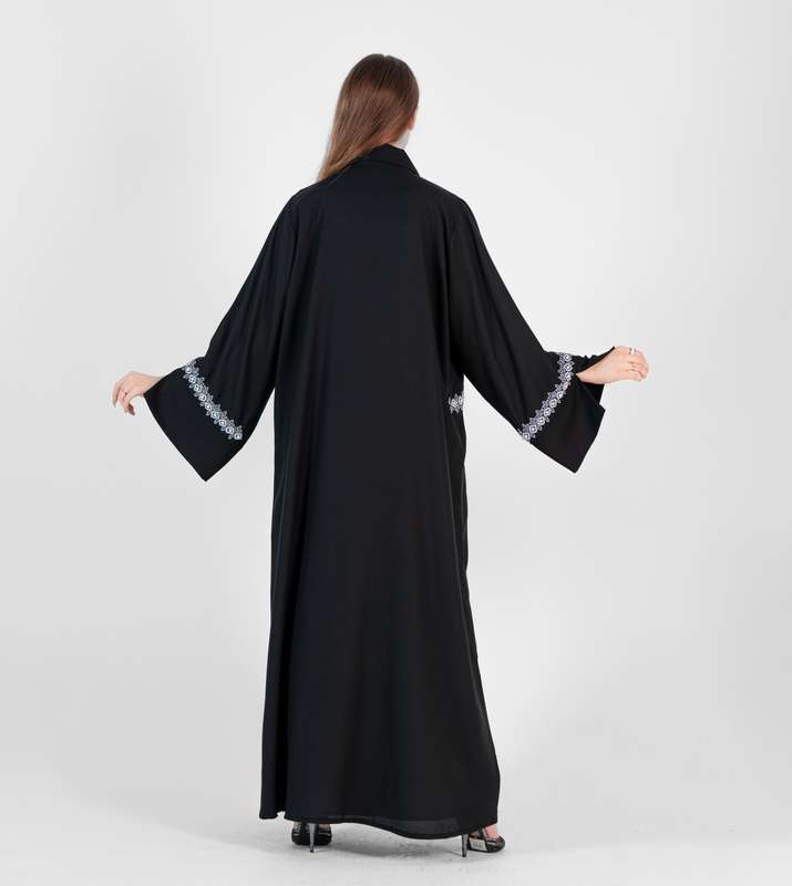 Black abaya with Big Neck with Blue & white hand embroidery with open sleeves
