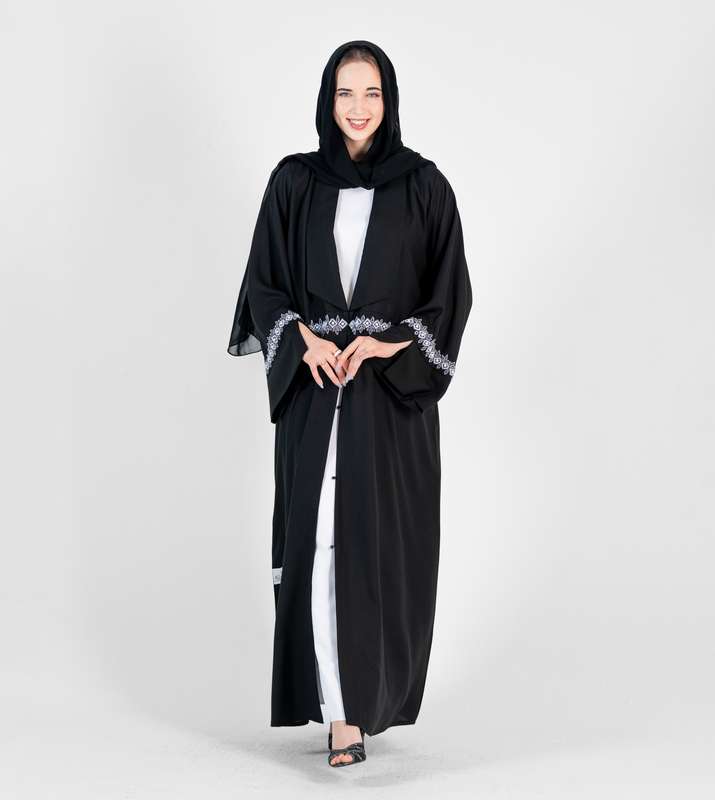 Black abaya with Big Neck with Blue & white hand embroidery with open sleeves
