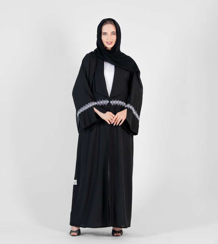 Black abaya with Big Neck with Blue & white hand embroidery with open sleeves