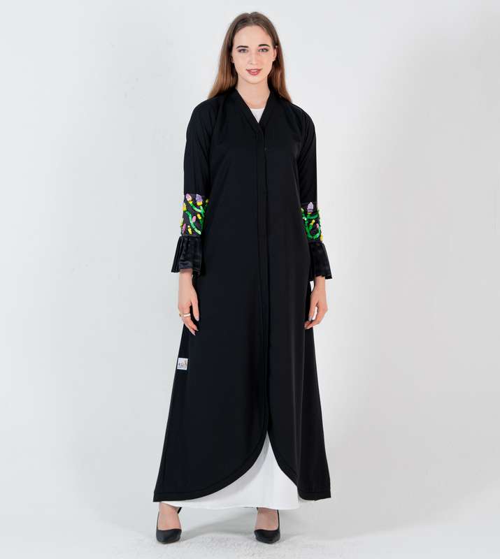 Abaya with Mix coloring Embroidery & pleated puff sleeves