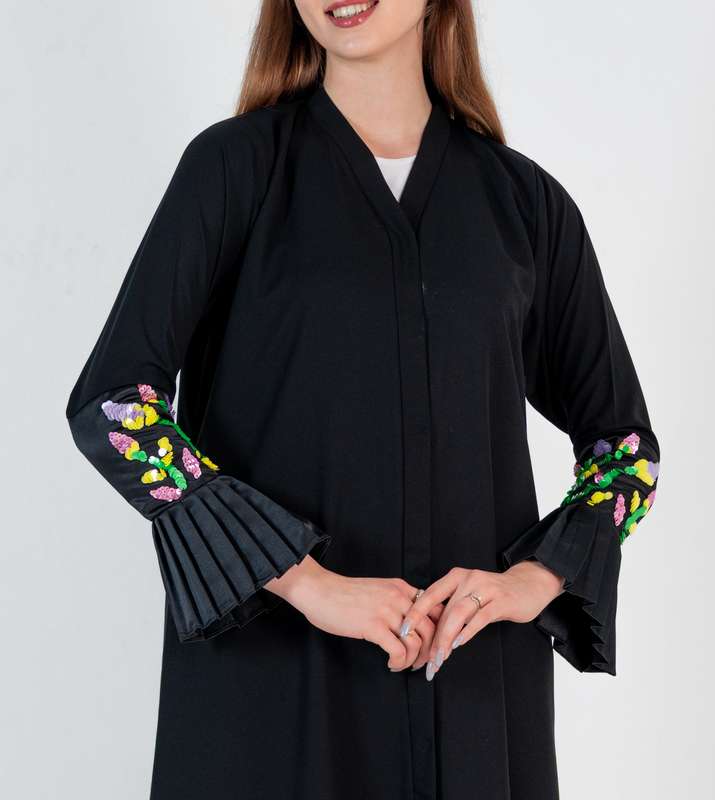 Abaya with Mix coloring Embroidery & pleated puff sleeves