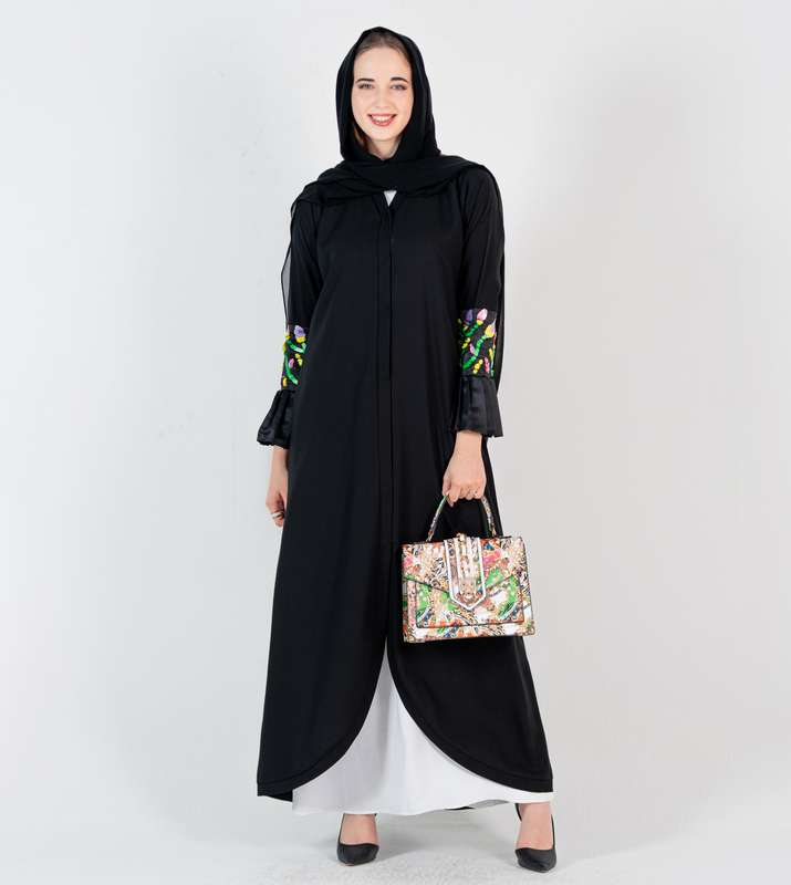 Abaya with Mix coloring Embroidery & pleated puff sleeves