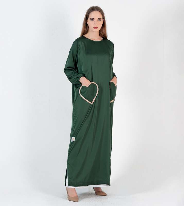 Green Abaya with Heart Pocket style with open side - Elastic Sleeves