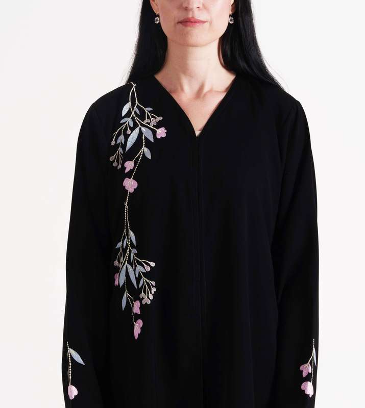 Open Abaya With Pink  Colors Embroidery Design