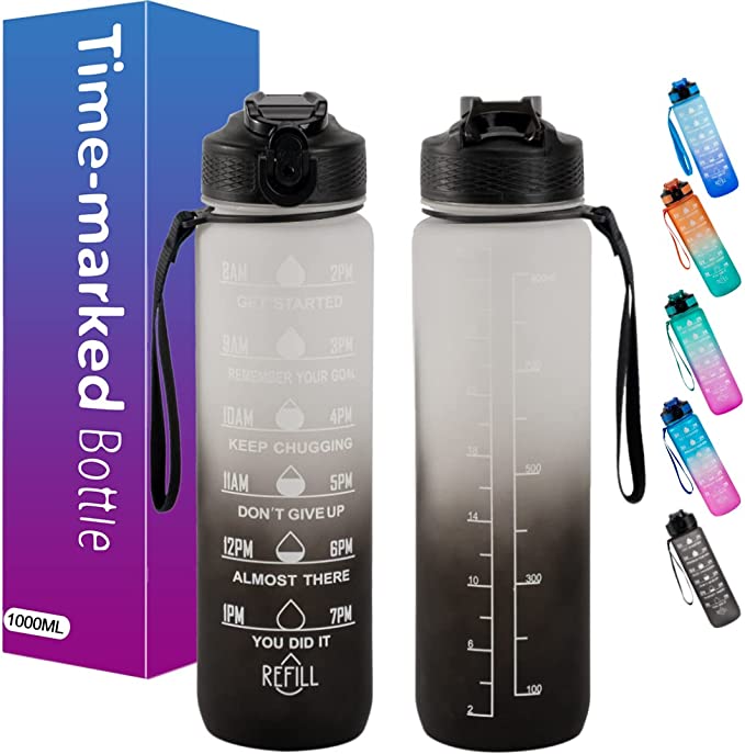 Sport Water Bottle 1L / 32oz with Motivational Time Marker Straw Strainer Tritan Plastic, Fitness Gym Office Outdoor School Sports