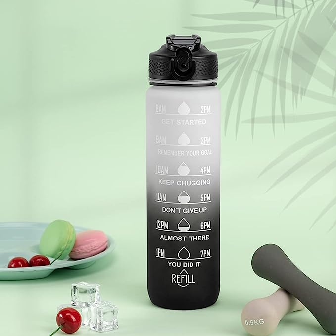 Sport Water Bottle 1L / 32oz with Motivational Time Marker Straw Strainer Tritan Plastic, Fitness Gym Office Outdoor School Sports