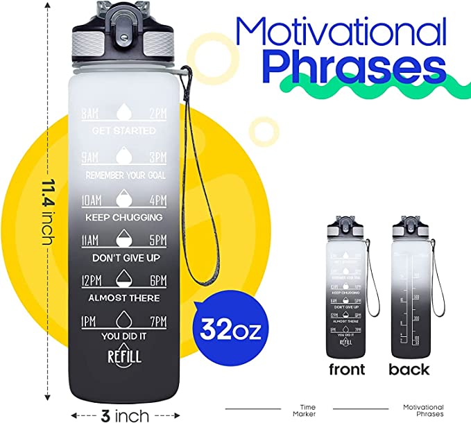 Sport Water Bottle 1L / 32oz with Motivational Time Marker Straw Strainer Tritan Plastic, Fitness Gym Office Outdoor School Sports