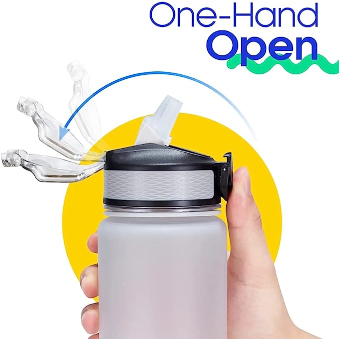 Sport Water Bottle 1L / 32oz with Motivational Time Marker Straw Strainer Tritan Plastic, Fitness Gym Office Outdoor School Sports
