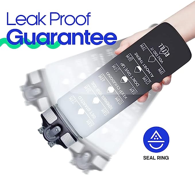 Sport Water Bottle 1L / 32oz with Motivational Time Marker Straw Strainer Tritan Plastic, Fitness Gym Office Outdoor School Sports