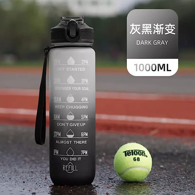 Sport Water Bottle 1L / 32oz with Motivational Time Marker Straw Strainer Tritan Plastic, Fitness Gym Office Outdoor School Sports