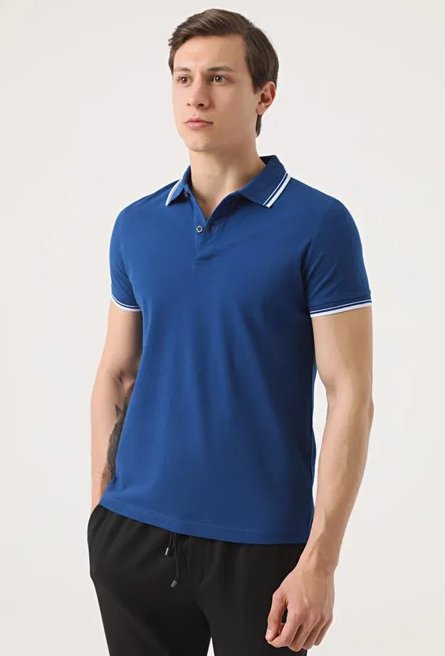 Twn Slim Fit Indigo Plain Knit 100% Cotton Polo T-Shirt