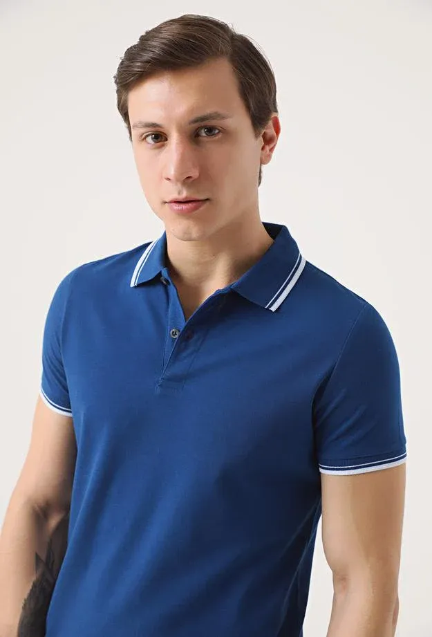 Twn Slim Fit Indigo Plain Knit 100% Cotton Polo T-Shirt
