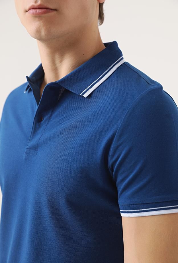 Twn Slim Fit Indigo Plain Knit 100% Cotton Polo T-Shirt