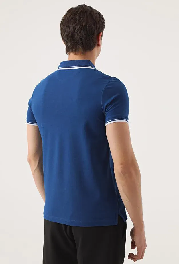 Twn Slim Fit Indigo Plain Knit 100% Cotton Polo T-Shirt