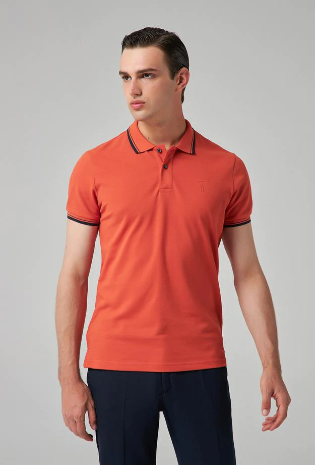 Twn Slim Fit Orange Plain Knit 100% Cotton Polo T-Shirt