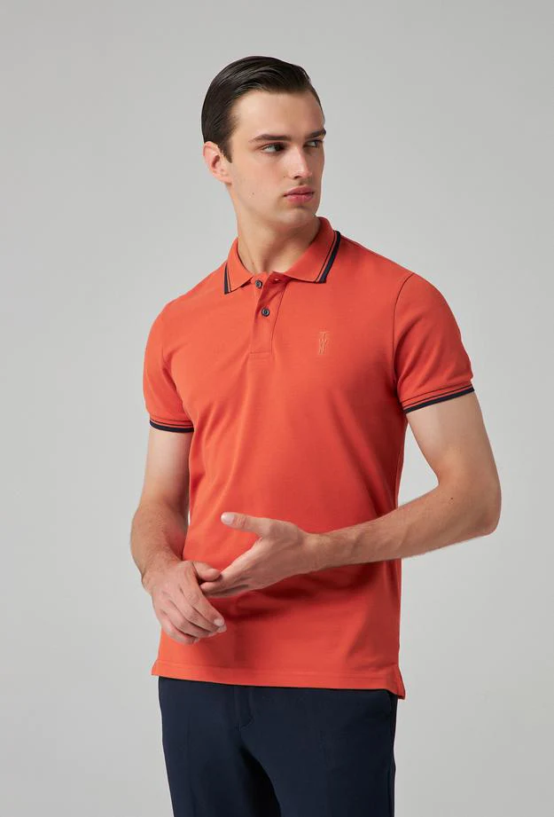 Twn Slim Fit Orange Plain Knit 100% Cotton Polo T-Shirt