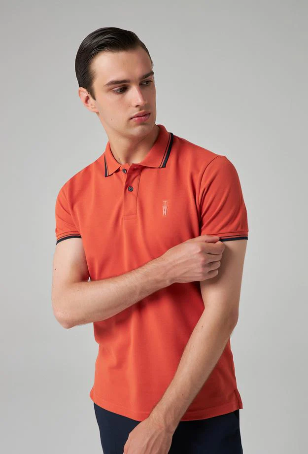 Twn Slim Fit Orange Plain Knit 100% Cotton Polo T-Shirt