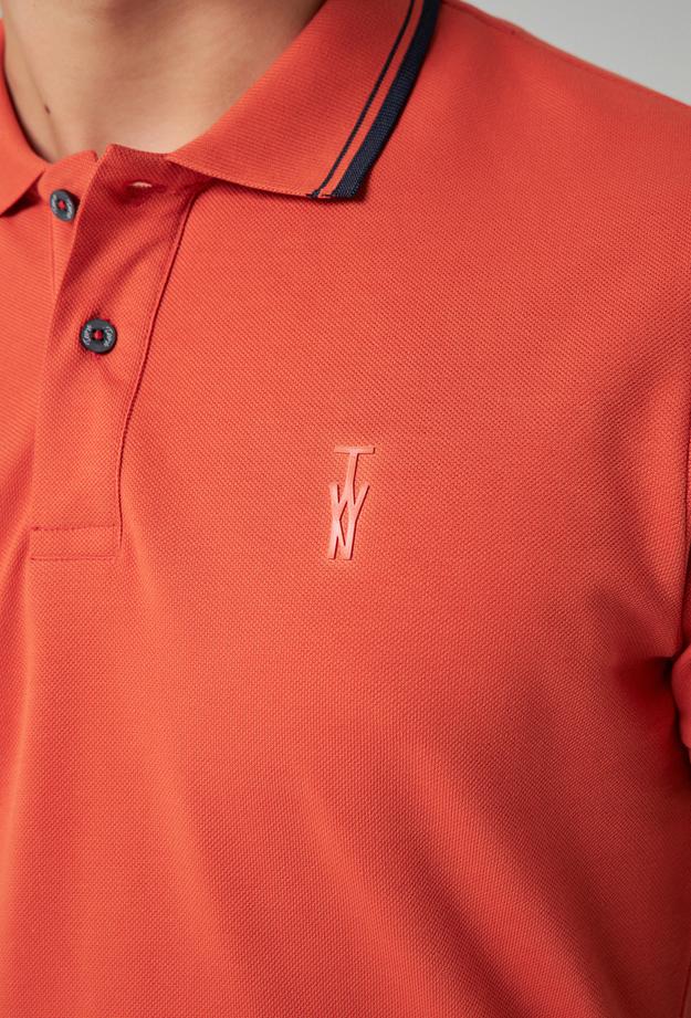 Twn Slim Fit Orange Plain Knit 100% Cotton Polo T-Shirt