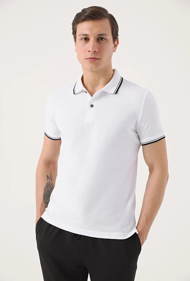 Twn Slim Fit White Plain Knit 100% Cotton Polo T-Shirt